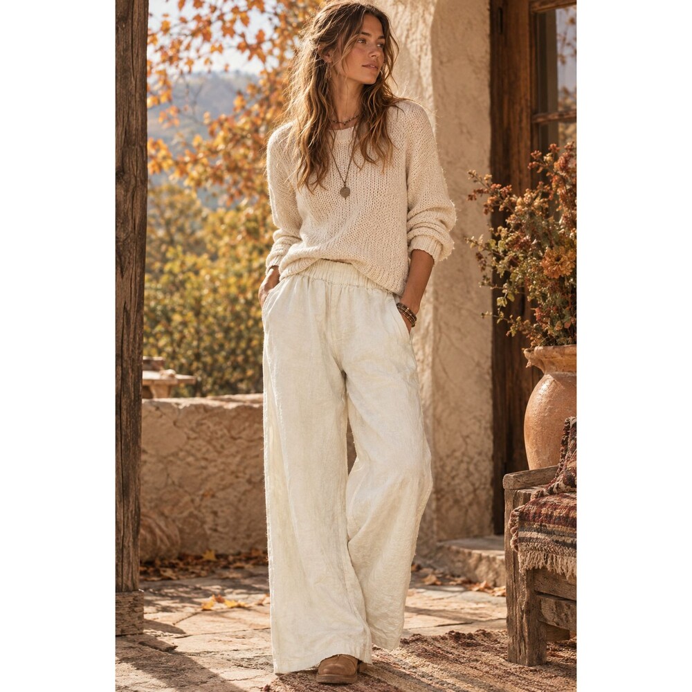 Cynthia Rowley Women's Medium Beige 100% Linen Pull-On Casual Pants Trousers